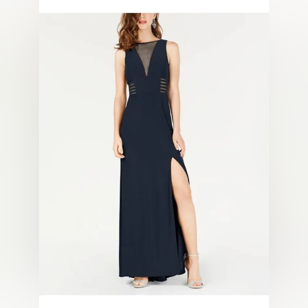 Navy Morgan & Co. Womens Solid With Mesh A-Line Dress Junior Size 16 W